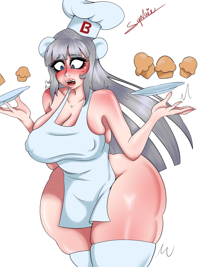 animal_ears bear_ears big_ass big_breasts bimbo_(bakery) bimbo_bear blue_eyes bread chef_hat grupo_bimbo humanization humanized muffin nipple_bulge open_mouth plate sophie_queen11 stockings sweat thick_thighs white_hair white_stockings worried