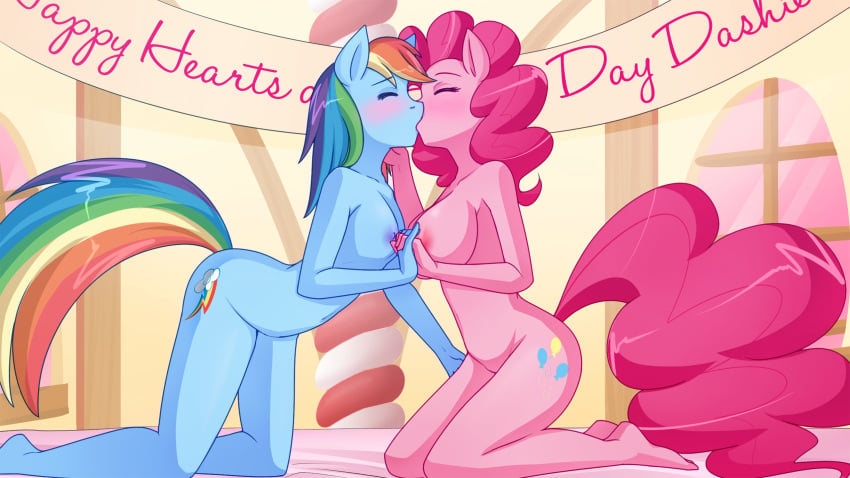 2016 anthro areola big_breasts blue_body blue_skin blush breasts cutie_mark earth_pony equid equine eyes_closed feet female female/female friendship_is_magic hair hasbro horse jonfawkes kneeling mammal my_little_pony nipples pink_body pink_hair pink_skin pink_tail pinkie_pie_(mlp) pony rainbow_dash_(mlp) rainbow_hair rainbow_tail tail