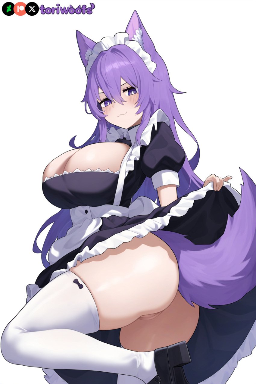 1girls :3 ai_generated ass ass_focus big_breasts breasts curvy cute dog_ears dog_girl doggirl female female_focus female_only highres hips huge_boobs huge_breasts kemonomimi leg_up light_skin light_skinned_female long_hair maid maid_headdress patreon_username petgirl petite purple_ears purple_eyes purple_hair purple_tail pussy skirt skirt_lift thick_thighs thighs tori toriwoofs watermark wavy_hair white_skin white_skinned_female wide_hips wolf_ears