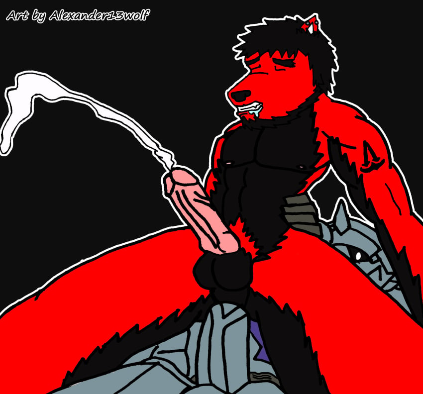 alexander13wolf alphonse_elric anal_insertion anthro anus armor black_background black_fur black_hair black_nose buggery clenched_teeth closed_eyes color cum drooling ear_piercing ejaculation erection front_view fullmetal_alchemist fur furry furry_ears hair insertion male male_only multiple_males nude penis piercing pointy_ears red_fur reverse_cowgirl_position saliva sex short_hair spiky_hair tattoo testicles yaoi