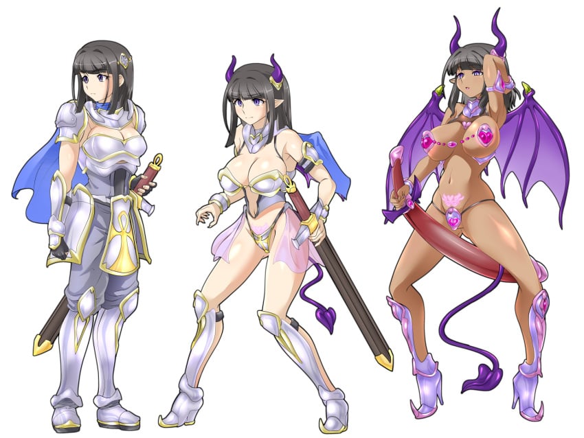 armor breasts demon female hi_res horn horn_jewelry human jewelry knight mammal melee_weapon membrane_(anatomy) membranous_wings nipple_jewelry plate_armor pubic_tattoo solo spade_tail succubus sword tail transformation transformation_sequence trasformation unknown_artist warrior weapon wings