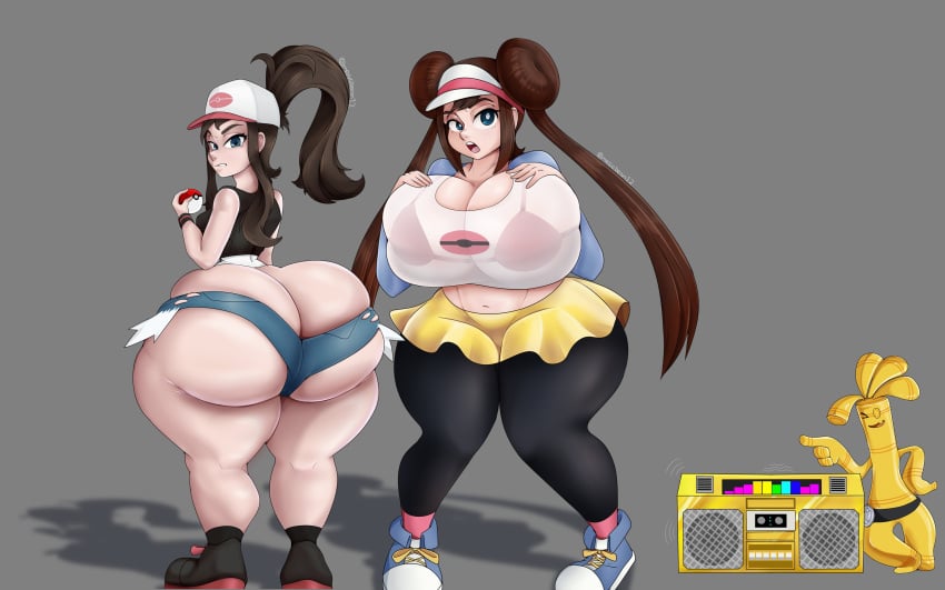 2023 2girls absurd_res artist_name ass ass_cleavage big_ass blue_eyes booty_shorts bottom_heavy bra bra_visible_through_clothes breasts brown_hair butt_crack curvaceous curvy dumptruck_ass game_freak gholdengo gold_boombox_(prevence) grey_background hilda_(pokemon) hips huge_ass huge_breasts huge_thighs long_hair looking_back omegabean pokemon pokemon_(species) pokemon_bw pokemon_bw2 pokemon_sv ponytail rosa_(pokemon) shorts simple_background thick_thighs thighs top_heavy twintails voluptuous wide_hips