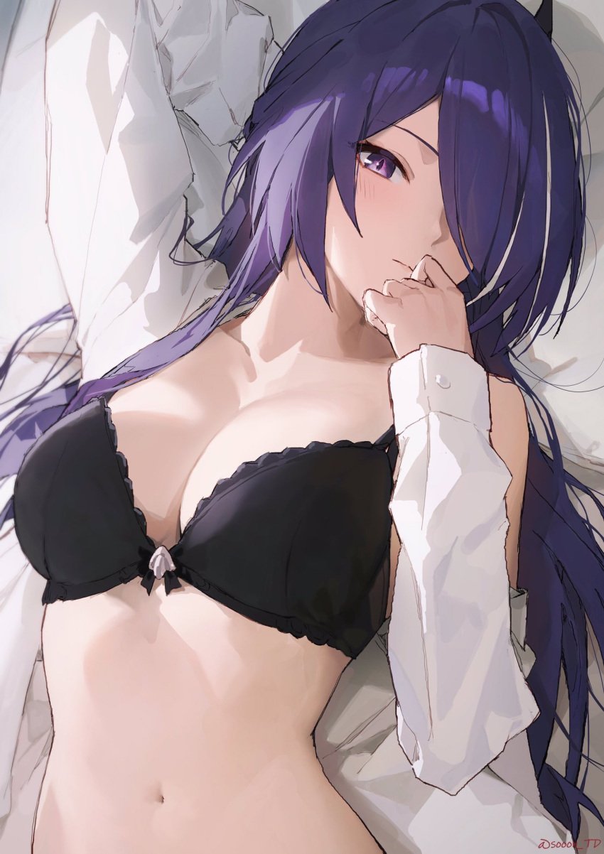 1girls acheron_(honkai:_star_rail) bare_midriff bra breasts cleavage cordage female honkai:_star_rail honkai_(series) large_breasts laying_down long_hair looking_at_viewer lying medium_breasts purple_eyes purple_hair seductive shy sooon straight_hair