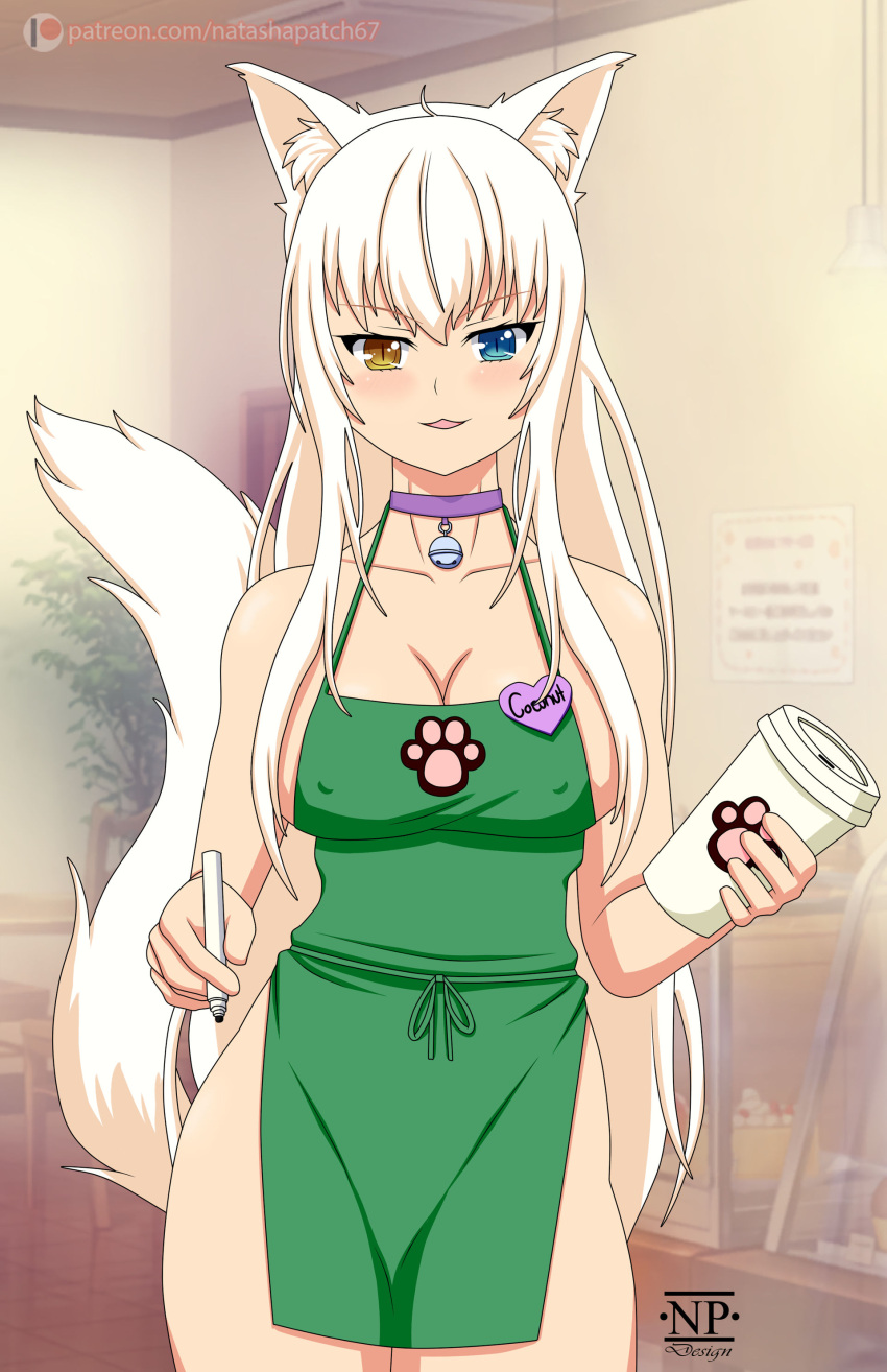 1girls almost_naked amber_eyes bell bell_collar big_breasts blonde_hair blue_eyes cafe cat_ears cat_tail catgirl coconut_(sayori) collar green_clothing heterochromia inner_ear_fluff long_hair maine_coon marker natashapatch67 neko nekomimi nekopara no_bra purple_collar thick_thighs yellow_eyes