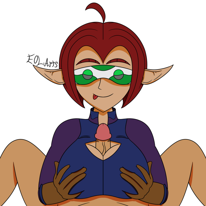 artesia_moonsoon big_breasts boob_window clothed clothed_sex dungeons_and_dragons eol-arts female half-elf holding_own_breasts mask nude_male_clothed_female paizuri paizuri_under_clothes red_hair self_upload