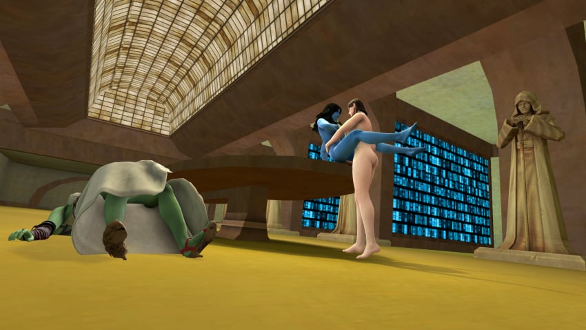 3d 3d_(artwork) ass big_breasts big_penis black_hair blue_body blue_skin breast_grab breast_squeeze breasts breasts_out brown_hair chiss feet feet_up female futanari jedi laarian leg_grab legs legs_up missionary missionary_position nude nude_female on_table red_eyes sfm source_filmmaker star_wars twi'lek vaylin yellow_eyes