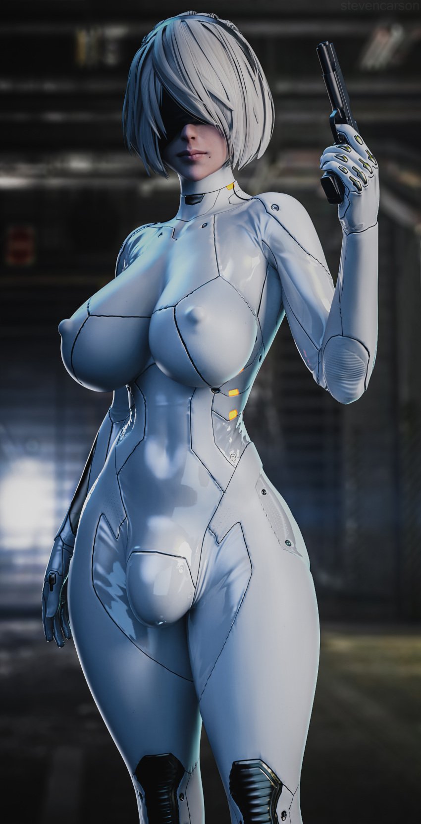 1futa 3d beauty_mark big_breasts blindfold bodysuit breasts bulge casual clothing firearm flaccid futa_only futanari hairband handgun implied_futanari intersex latex latex_bodysuit latex_clothing latex_futa latex_gloves latex_thighhighs light-skinned_futanari light_skin nier nier:_automata nipple_bulge nipples pale_skin penis penis_under_clothes pistol public solo standing stevencarson weapon white_bodysuit white_gloves white_hair white_latex white_latex_elbow_gloves white_latex_thighhighs white_legwear white_suit yorha_2b