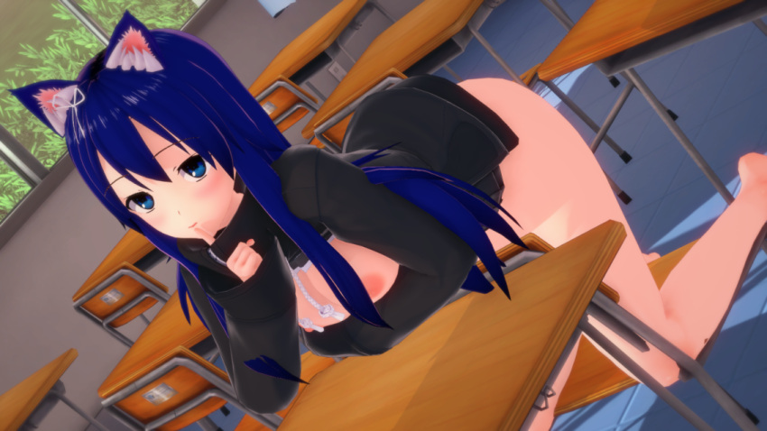 1girls blue_eyes blue_hair bottomless cat_ears catgirl cuby3212 dutch_angle female female_only hispanic_virtual_youtuber long_hair profanity school_desk school_uniform shushing solo virtual_youtuber