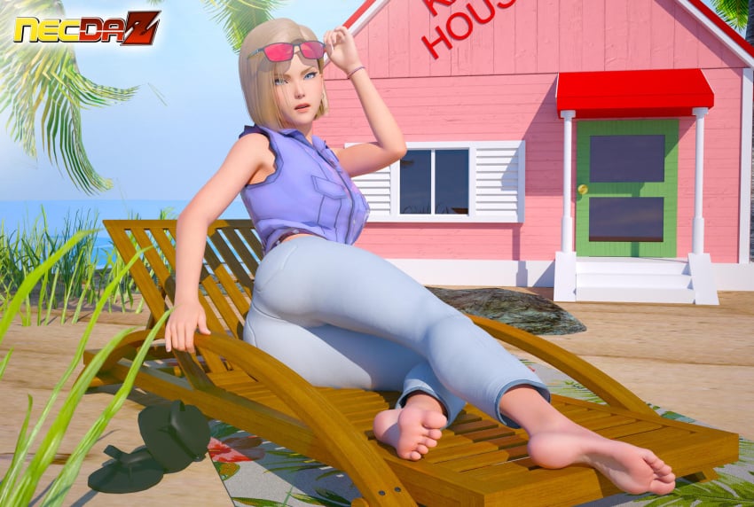 1girls 3d android_18 barefoot beach blonde_hair blue_eyes dragon_ball dragon_ball_z eyewear_on_head feet feet_together feet_up female female_focus female_only foot_focus jeans legs_up necdaz91 phone sole_female soles sunglasses_on_head toes