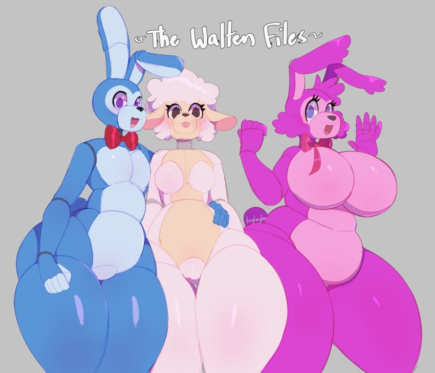 2021 2girls1boy animatronic anthro artist_signature banny_(the_walten_files) belly big_breasts black_eyes black_nose blue_body blue_eyes blue_fur bon_(the_walten_files) bovid bowtie breasts caprine cheek_tuft curvy featureless_breasts female femboy girly grey_background group hi_res hourglass_figure lagomorph leporid long_ears male mammal multicolored_body multicolored_fur no_nipples pink_body pink_fur purple_eyes rabbit robot sha_(the_walten_files) sheep short_tail simple_background slightly_chubby text the_walten_files thick_thighs tingtongten tongue tongue_out trio tuft two_tone_fur voluptuous white_fur