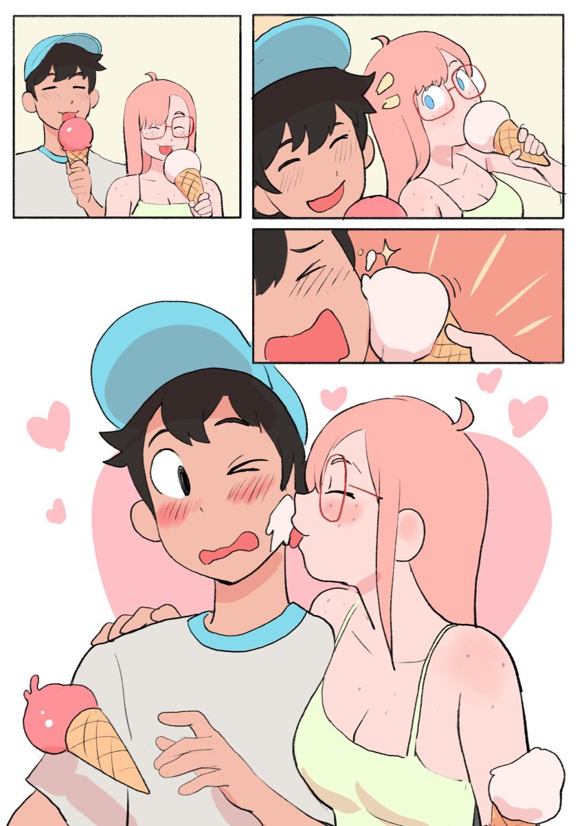 baseball_cap blush cleavage closed_eyes colo comic comic_page couple cute eating_food food_on_face freckles fully_clothed glasses hugging ice_cream kyler_(colo) licking licking_face nervous one_eye_closed rita_(colo) surprised sweet_hex tank_top wholesome