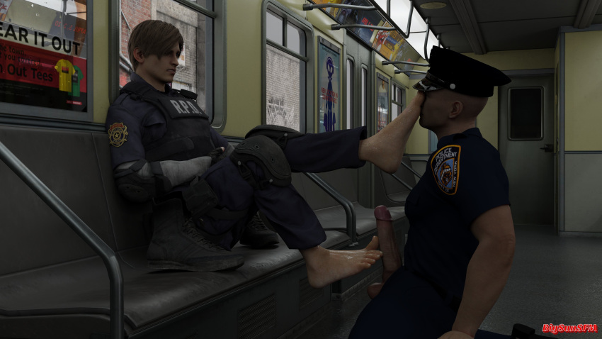 2boys 3d 3d_(artwork) alpha_male bigsunsfm boots_removed capcom clothed clothed_sex cocky erect_penis erection feet foot_fetish foot_on_face foot_on_penis gay imminent_footjob lad leon_scott_kennedy male male/male male_only manly metro on_knees penis police_hat police_uniform resident_evil resident_evil_2 resident_evil_2_remake sitting testicles tough_guy unknown_character