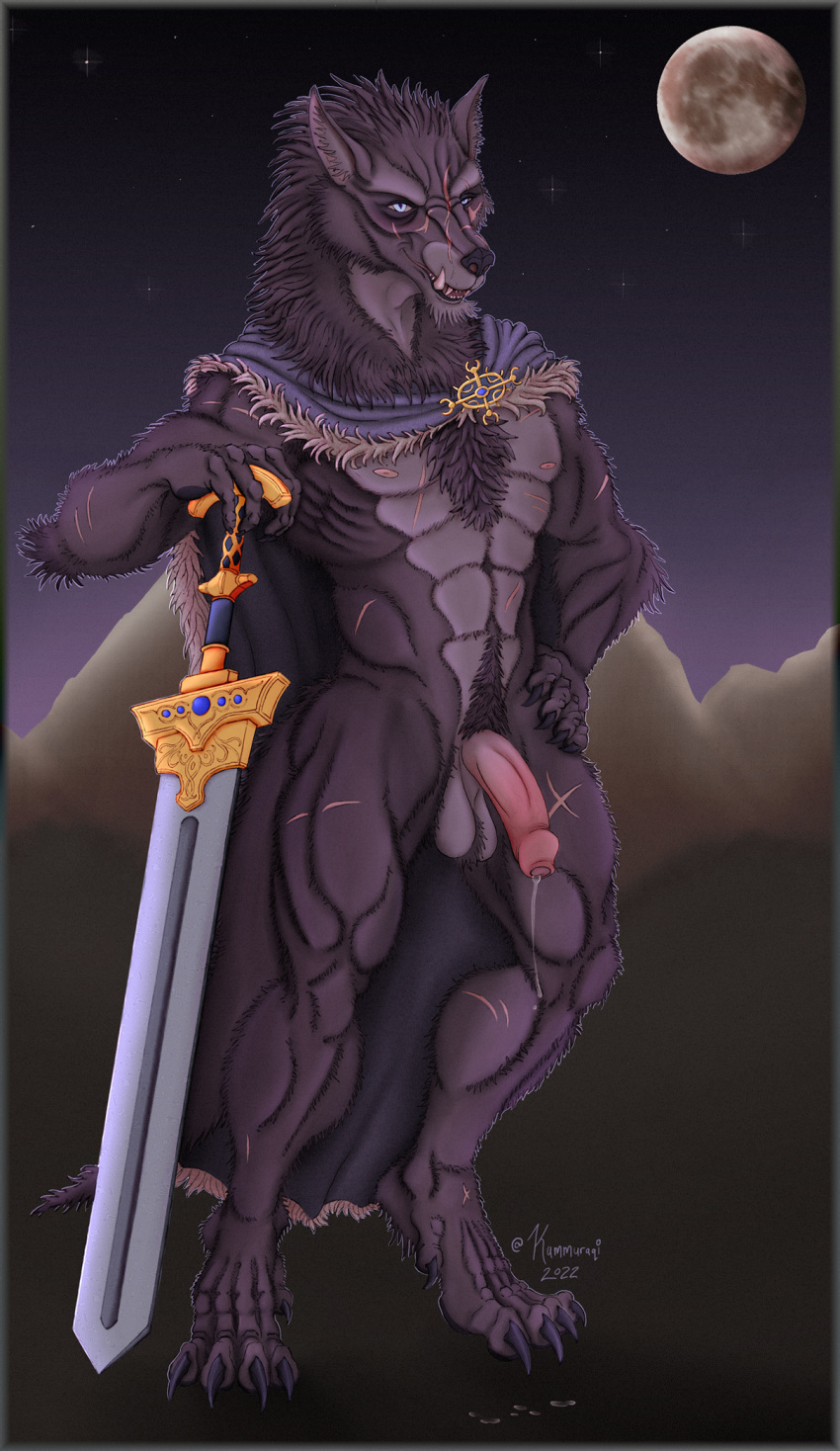 anthro ball_tuft balls blaidd_(elden_ring) blue_eyes blush bodily_fluids brown_body brown_fur canid canine canis cape chest_tuft clothed clothing dripping elden_ring flaccid foreskin fromsoftware fur genital_fluids genitals greatsword half-erect hand_on_hip hand_on_sword hi_res humanoid_genitalia humanoid_penis kammuraqi male male_focus male_only male_solo mammal melee_weapon moon muscular night nipples partially_clothed partially_retracted_foreskin penis precum precum_drip precum_string scar simple_background sky solo solo_male star sword tuft vein veiny_penis weapon wolf