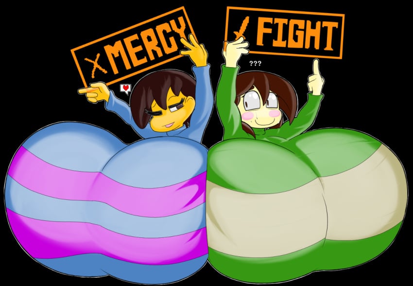 2d 2girls breast_press breasts breasts_to_breasts brown_hair chara docking female female_only flirty frisk greenclops huge_breasts human human_female human_only hyper_breasts love_heart massive_breasts multiple_girls nervous nervous_smile smile toby_fox tongue tongue_out undertale undertale_(series)