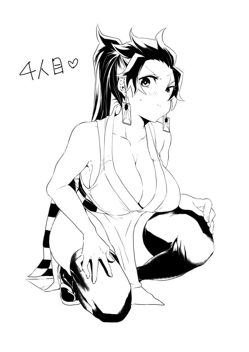 big_breasts cleavage crouching demon_slayer earrings female female_only frown genderswap_(mtf) huge_breasts japanese_clothes kamado_tanjirou kimetsu_no_yaiba kunoichi line_art long_hair monochrome no_bra ponytail rule_63 sleeveless solo sweatdrop taiga thighhighs