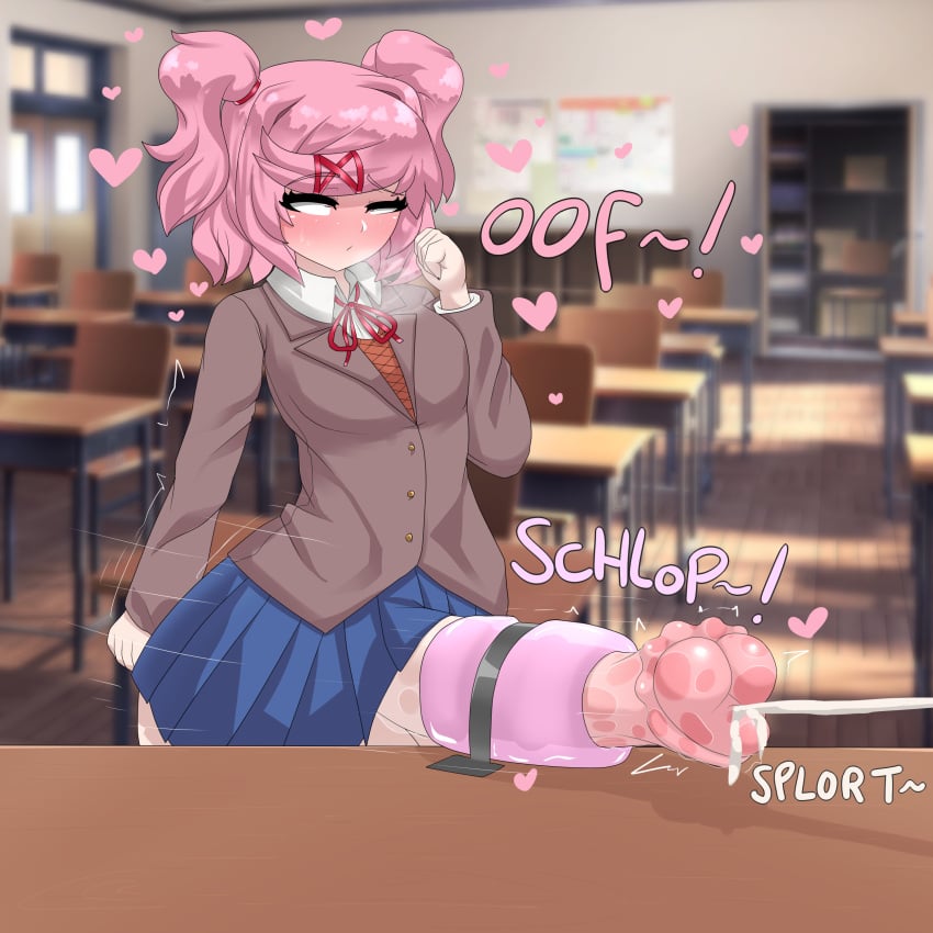 1futa animal_genitalia animal_penis artificial_vagina balls big_penis blue_skirt blush breasts clothed clothing cum ddlc_background doki_doki_literature_club ejaculation english_text erection futa_only futanari hair_ribbon hands-free handsfree_ejaculation horsecock horsecock_futanari huge_cock human large_penis light-skinned_futanari light_skin masturbation mistpirit mostly_clothed natsuki_(doki_doki_literature_club) onahole orgasm penis pink_eyes pink_hair pleasure_face rolling_eyes sex_toy skirt solo splort standing table text twintails