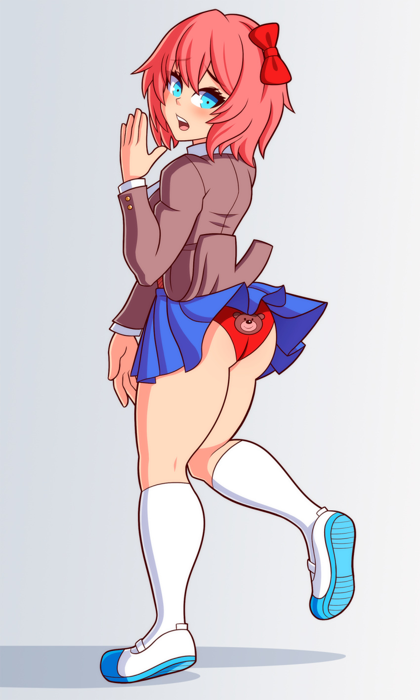 1girls ass blue_eyes blue_skirt blush chemical_bro doki_doki_literature_club embarrassed grey_background hair_between_eyes just_sayori kneehighs looking_back panties pink_hair print_panties red_panties sayori_(doki_doki_literature_club) school_uniform schoolgirl shoes short_hair skirt skirt_lift socks socks_and_shoes strawberry_blonde_hair teenager upskirt white_legwear white_socks wind wind_lift