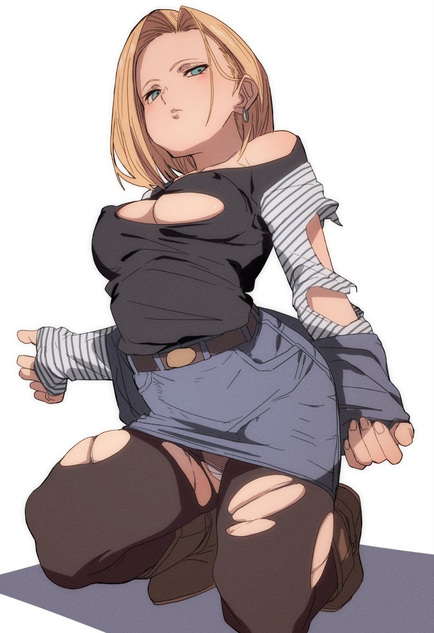 1girls android_18 belt black_legwear black_pantyhose black_shirt blonde_hair blue_eyes blue_skirt breasts brown_shoes cleavage clothing dragon_ball dragon_ball_z earrings erect_nipples eyebrows female fu-ta hi_res jacket jewelry kneeling legwear light_blush lips long_sleeves looking_down medium_breasts nipples nose open_mouth panties pantyhose parted_lips pink_lips shadow shirt shirt_tucked_in short_hair simple_background skindentation skirt solo strap striped_sleeves torn_clothes torn_legwear torn_pantyhose torn_shirt underwear viewed_from_below white_background