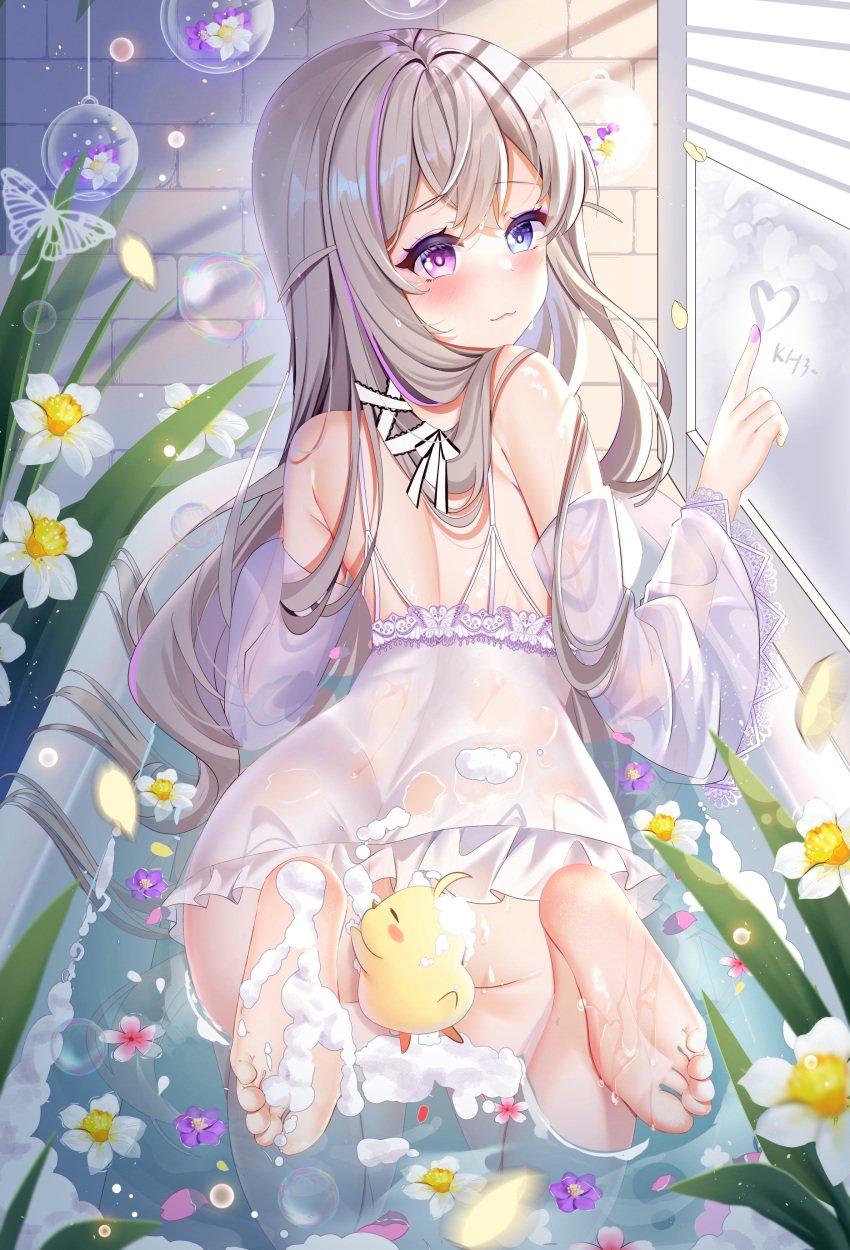 :3 absurdres ass azur_lane babydoll bangs barefoot bathtub blue_eyes brick_wall bubble chinese_commentary cleaning closed_mouth convenient_censoring crossed_bangs dress eyebrows_visible_through_hair feet feet_up female fingers floating flower foam from_behind glass_writing hair_ornament heterochromia highres indoors kneeling long_hair manjuu_(azur_lane) miaogujun murmansk_(azur_lane) murmansk_(sceneries_of_pure_snow)_(azur_lane) nail_polish official_alternate_costume petals petals_on_liquid platinum_blonde_hair purple_eyes rubbing soap_bubbles soles solo toes wet white_dress wide_sleeves window window_fog