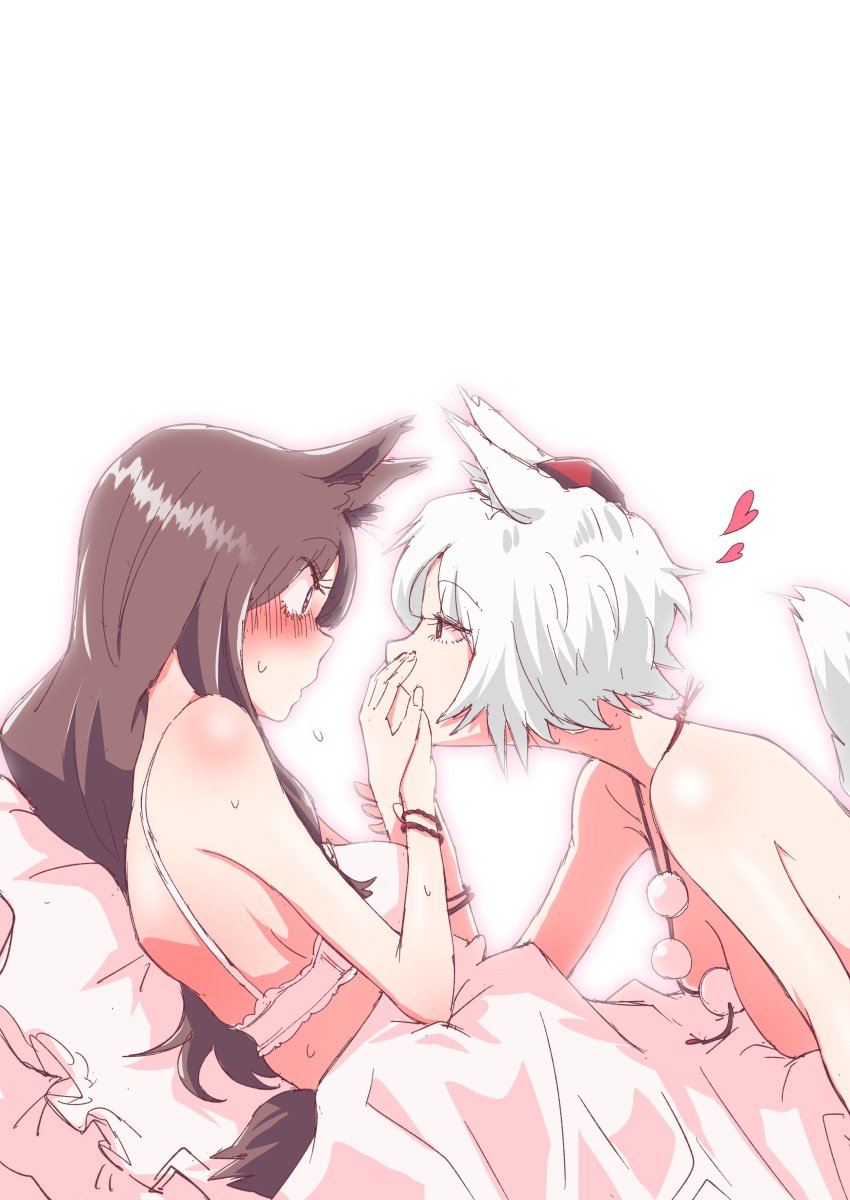 2girls absurdres animal_ears blanket blush bra breasts face-to-face female from_side hand_on_another's_mouth hat heart highres kagerou_imaizumi long_hair medium_breasts momiji_inubashiri multiple_girls non_(z-art) nude pillow pom_pom_(clothes) profile red_headwear short_hair sweat tail tokin_hat touhou underwear white_background white_bra white_hair wolf_ears wolf_tail yuri