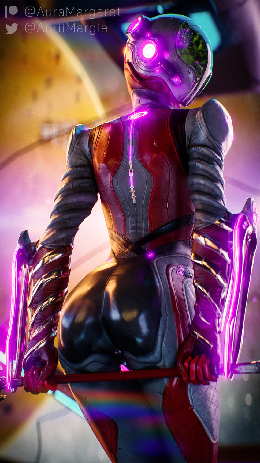 3d 3d_(artwork) alternative_costume anus auramargaret blender blender_(software) glowing_anus glowing_genitalia glowing_pussy hi_res looking_at_viewer looking_back mag_(warframe) multicolored_body polearm presenting presenting_hindquarters pussy tenno warframe watermark weapon