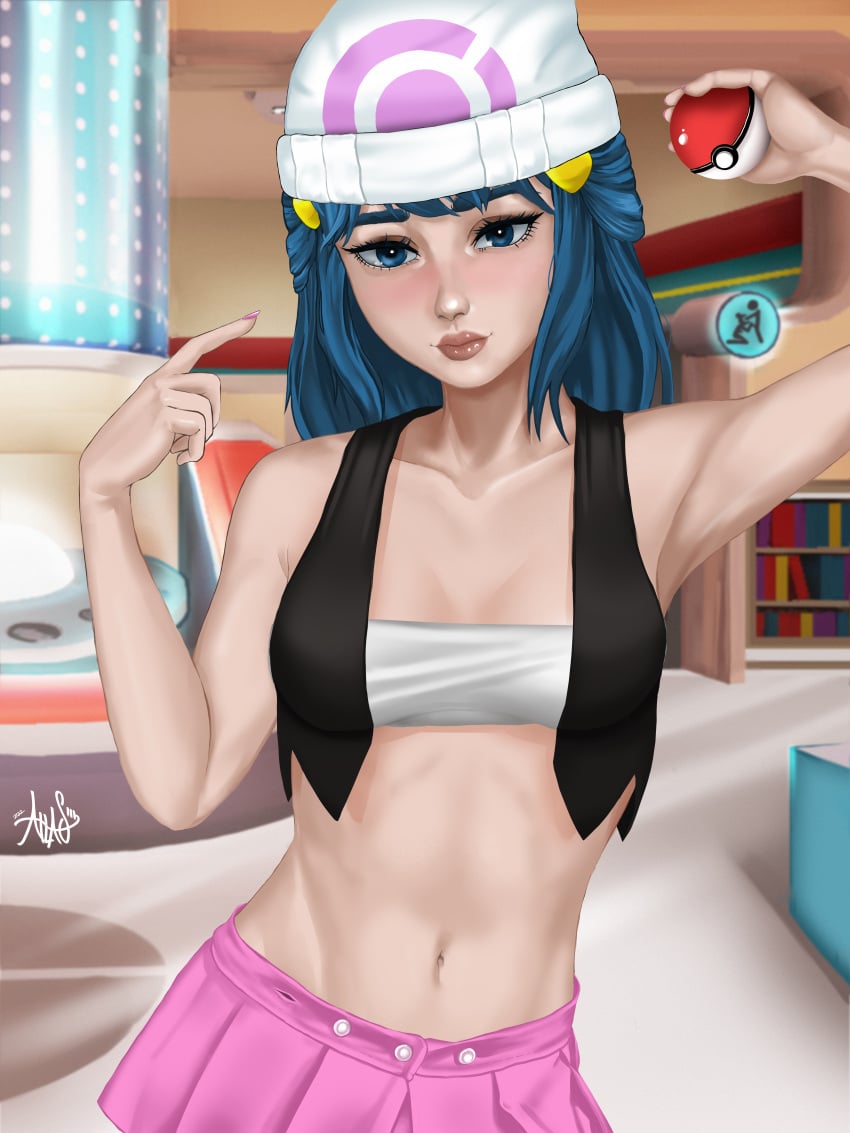 1girls arm_up armpits atlas_jpeg black_jacket blue_eyes blue_hair dawn_(pokemon) female female_only hat jacket long_hair pink_nails pink_panties pink_skirt pink_thong pinup pokeball pokemon skirt small_breasts tubetop white_top