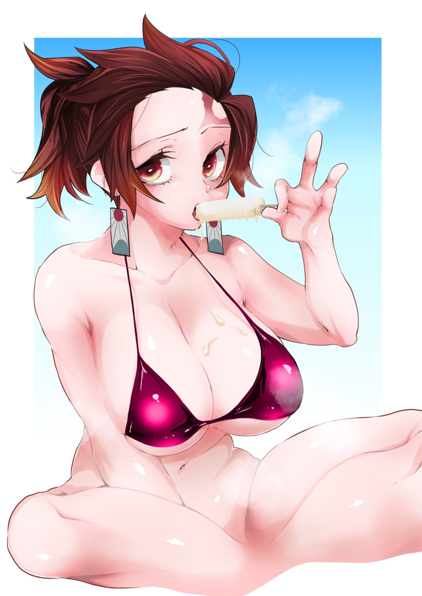 alternate_costume beach big_breasts bikini bottomless brown_hair cleavage demon_slayer earrings facial_scar female female_only genderswap_(mtf) huge_breasts kamado_tanjirou kimetsu_no_yaiba looking_away plump ponytail popsicle rule_63 sitting solo swimsuit taiga