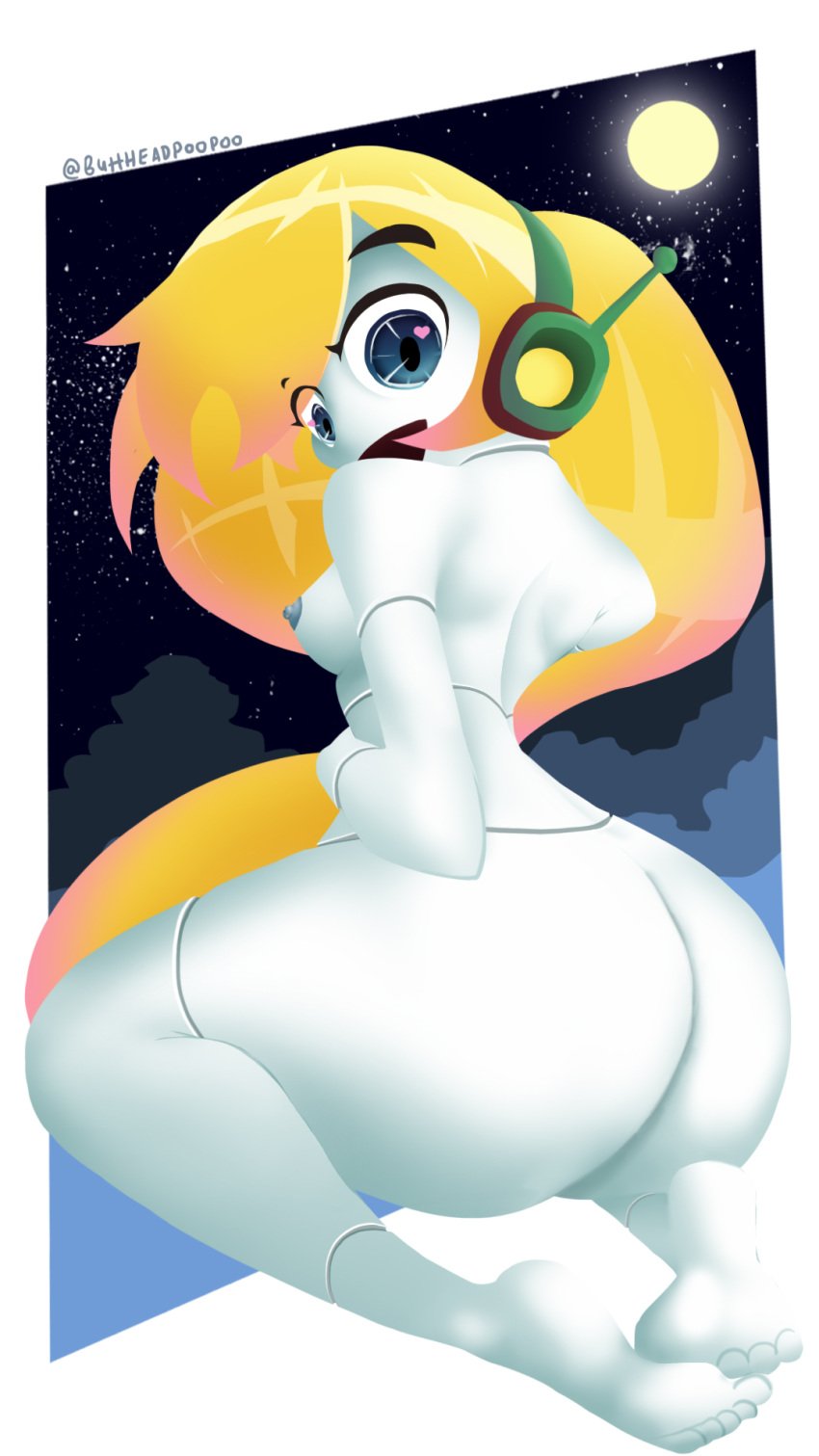 1girls ass barefoot blonde_hair blue_eyes buttheadpoopoo_(artist) cave_story company completely_nude curly_brace full_body heart kneeling looking_at_viewer looking_back nude robot