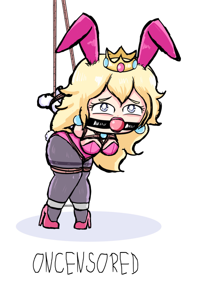 ball_gag bondage bunny_costume bunny_girl bunnysuit gag high_heels mario_(series) oncensored oncensored_(artist) princess_peach rope_bondage