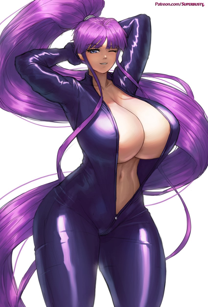 1girls alternate_costume arms_behind_head artist_name bangs big_breasts blue_eyes bodysuit breasts bursting_breasts catsuit cleavage clothing collarbone confident curvy eiken eyebrows_visible_through_hair eyelashes female female_only grin hips huge_breasts human kirika_misono large_breasts long_hair long_ponytail long_sidelocks looking_at_viewer matching_hair/eyes navel one_eye_closed parted_lips patreon ponytail pose purple_eyes purple_hair sensual shiny_skin sidelocks simple_background skin_tight smile solo solo_female superbusty teeth thick_thighs thighs tied_hair unzipped unzipped_bodysuit url very_long_hair voluptuous watermark white_background wide_hips wink zipper_down zipper_pull_tab