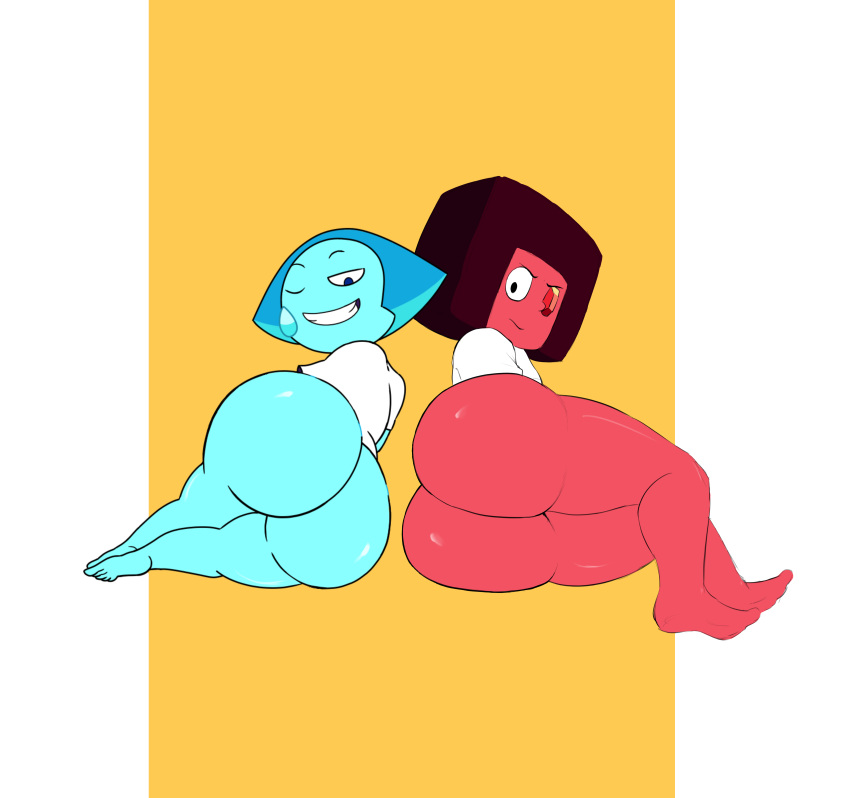 aquamarine_(steven_universe) ass_focus big_ass big_butt bjarruafterdark blue_butt butt_focus cartoon_network collaboration eyeball_(character) gem_(species) laying_down laying_on_side looking_at_viewer looking_back rawhell red_butt ruby_(steven_universe) steven_universe thick_ass thick_thighs white_shirt