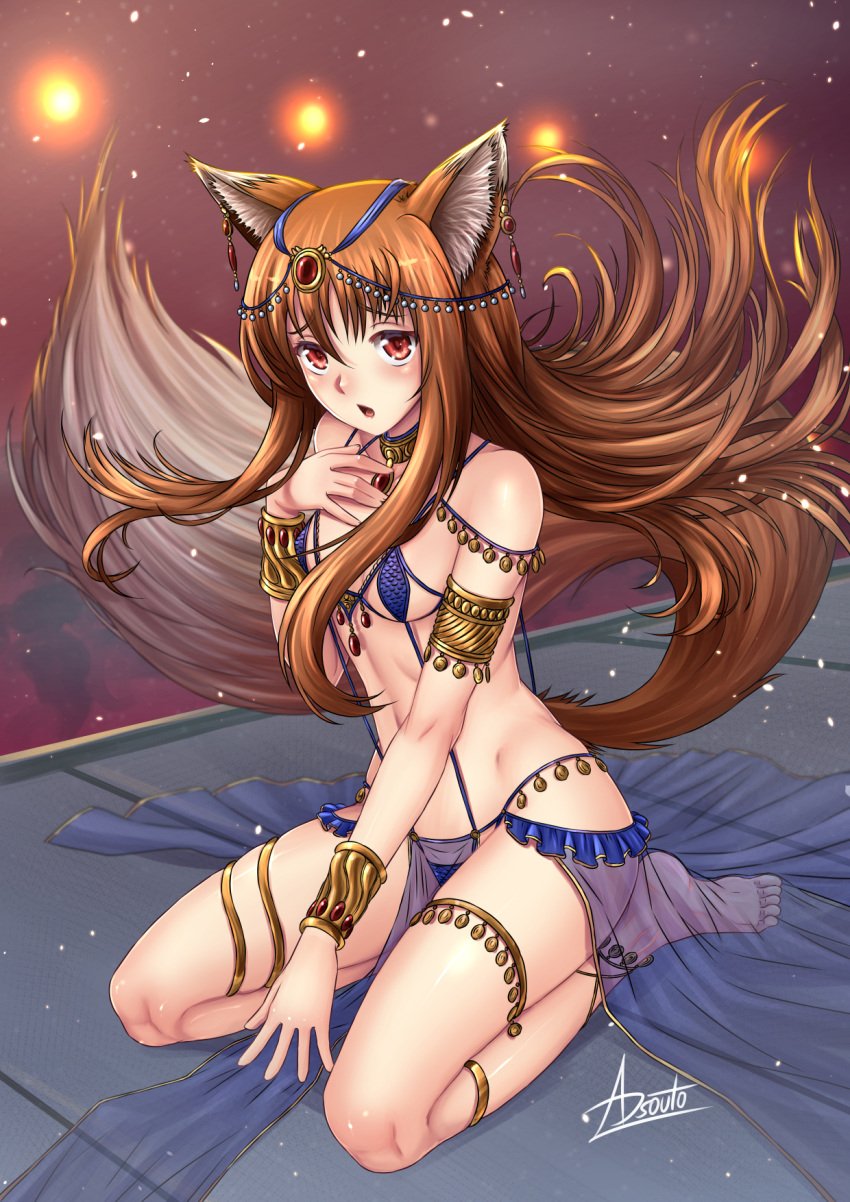 1girls adsouto alternate_costume animal_ears anklet armband armlet barefoot bracelets brown_hair choker clothing earrings female female_only gold_(metal) hair_ornament harem_girl harem_outfit headwear holo jewelry kemonomimi long_hair looking_at_viewer lots_of_jewelry open_mouth pelvic_curtain red_eyes sitting slave_outfit sling_bikini small_breasts soles solo spice_and_wolf string_bikini tail thigh_strap wariza wolf_ears wolf_girl wolf_tail