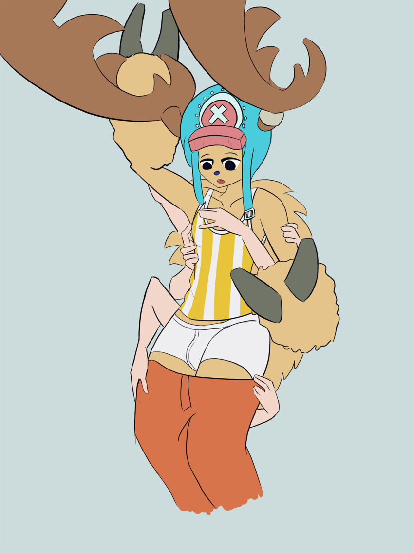 being_undressed bulge cervid clothing disembodied_hand flaccid fur groping groping_from_behind hat headgear horns male male_focus male_only mammal one_piece pulling_down_pants reindeer tail tony_tony_chopper tony_tony_chopper_(horn_point_form) underwear