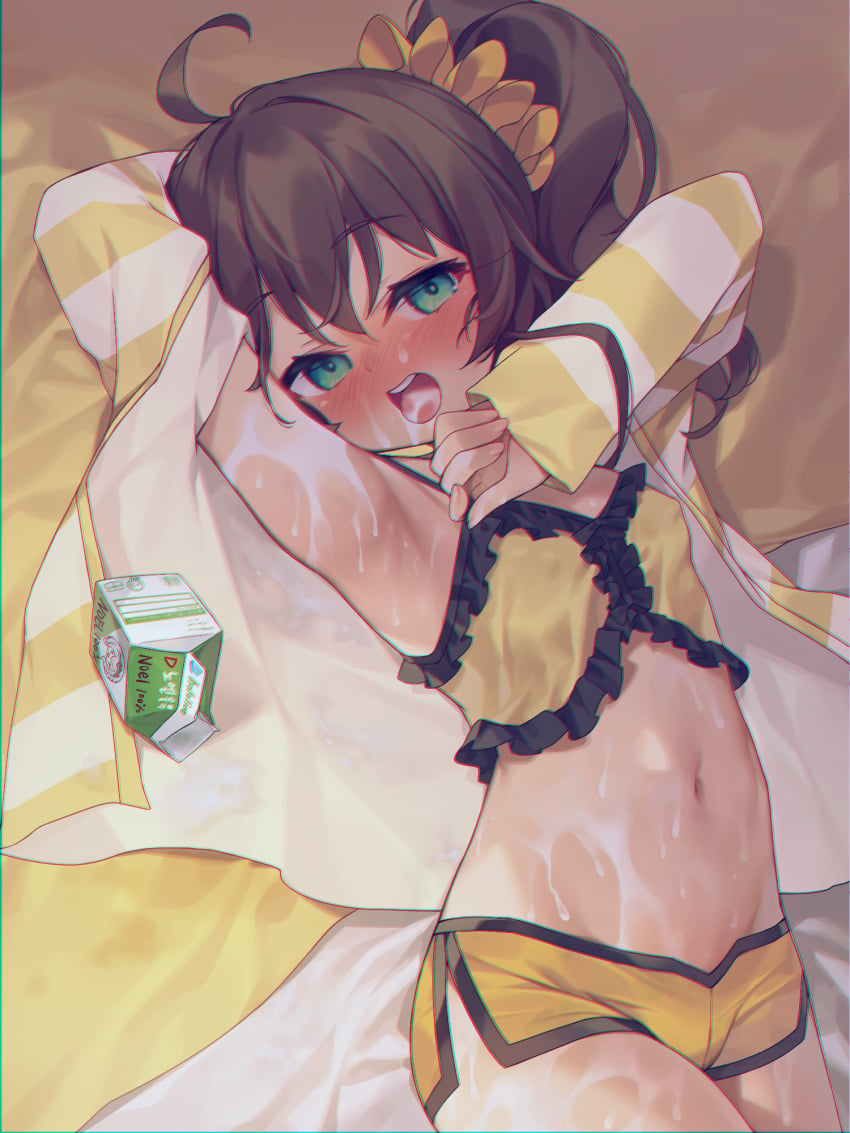 ahoge aqua_eyes arm_behind_head armpits arms_up aroused asking_for_it asymmetrical_hair bangs bed bed_sheet blush brown_hair clothing cowboy_shot dolphin_shorts empty_eyes erect_nipples eyebrows_visible_through_hair female flat_chest flat_chested frills hair_ornament hair_scrunchie half-closed_eyes high_resolution hololive hololive_gen_1 hololive_japan horny jacket long_hair long_sleeves looking_at_viewer lying milk natsuiro_matsuri navel nipples on_back on_bed open_clothes open_jacket pointy_nipples ponytail scrunchie shorts side_ponytail sleeves_past_wrists solo split_shorts stomach strap_lift striped striped_jacket suggestive_fluid takotsu tied_hair viewed_from_above virtual_youtuber wet yellow_shorts