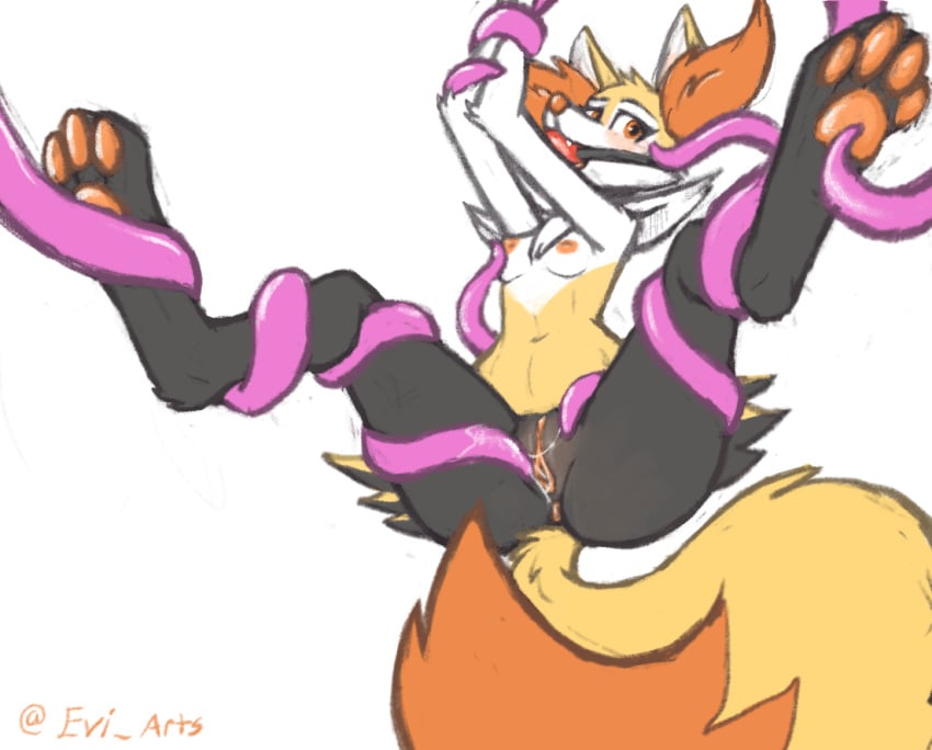 2022 4_toes anthro areola ass blush bodily_fluids braixen breasts clitoris dipstick_tail evilymasterful feet female gag gagged genital_fluids genitals inner_ear_fluff looking_at_viewer markings navel nintendo nipples nude pawpads pokémon_(species) pokemon pokemon_(species) pussy pussy_juice small_breasts solo tail_markings tentacle tentacle_sex toes tuft video_games