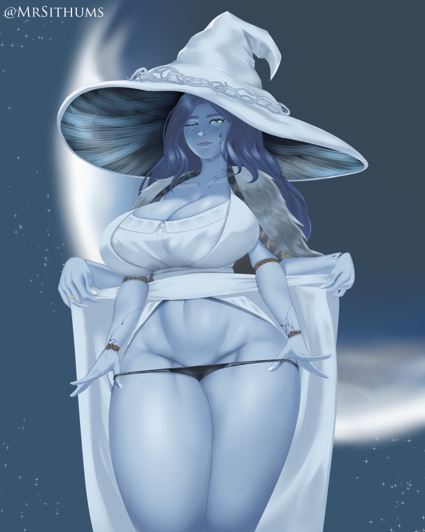 1girls 4k absurd_res big_breasts big_hat black_panties blue_skin breasts child_bearing_hips clavicle cleavage closed_eye clothes clothes_grab colored_skin cracked_skin cropped_legs curvy dark_blue_hair dark_hair dress dress_lift elden_ring external_oblique eye_closed female female_focus female_only fromsoftware front_view grabbing groin_tendon hat hourglass_figure huge_breasts inguinal_ligament joints lace lace_panties large_breasts long_hair looking_at_viewer lowleg_panties mature_female monster_girl mr_sithums multi_arm multi_limb mushroom mushroom_girl navel_line night night_sky oblique_edge one_eye_closed panties pelvic_lines presenting_panties ranni_the_witch ring solo star_background stars statue stomach_lines stone stone_skin thick_thighs top_heavy_breasts undressing white_dress wide_hips wink witch witch_hat