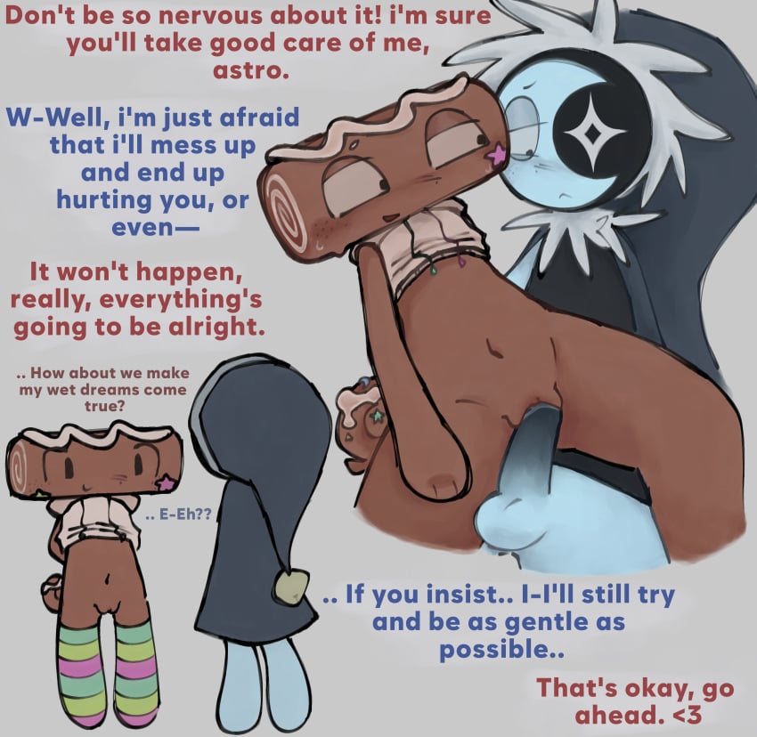 1 2boys astro_(dandy's_world) cosmo_(dandy's_world) cuntboy dandy's_world dialogue gradient_penis intersex leaking_cum male on_top peiv precum slow_penetration tagme text trans_man transmasc wholesome