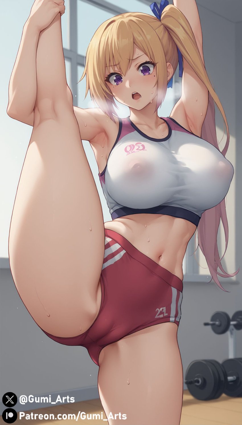 ai_generated arm_up blonde_hair buruma covered_nipples covered_pussy gumi_arts gym gym_uniform hair_ribbon indoors kawakami_mai multicolored_hair musaigen_no_phantom_world one_leg_up ponytail purple_eyes see-through sports_bra sportswear stable_diffusion thick_thighs