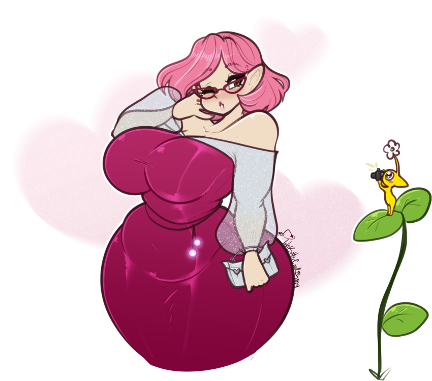 1girls belly breasts brittany_(pikmin) camera chubby chubby_female dress female female_focus female_only flower glasses hips koppaite large_breasts leaf nintendo pikmin pikmin_(species) pikmin_3 pink_eyes pink_hair plant pointed_ears purse stomach tehbuttercookie thick_thighs thighs wide_hips winking yellow_pikmin