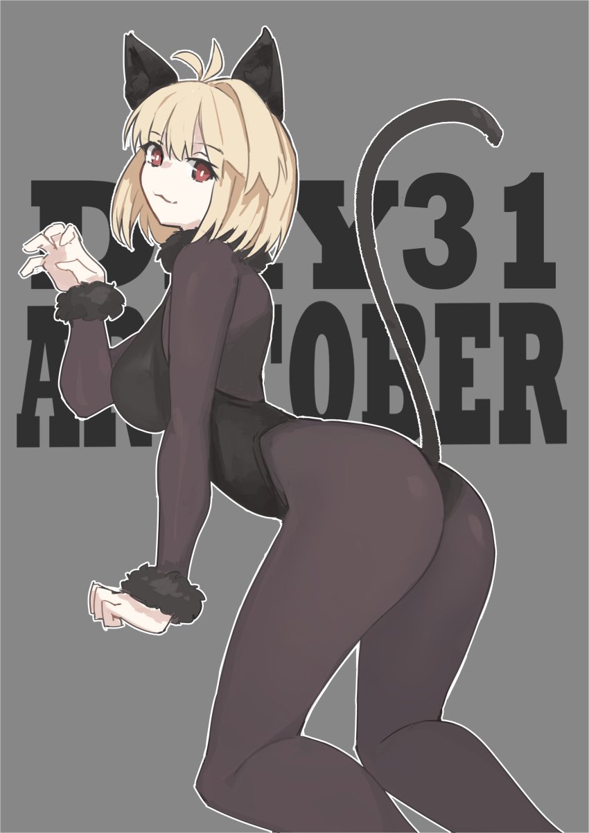 alternative_costume animal_ears arcueid_brunestud big_butt blonde_hair butt cat_ears cat_tail color costume female huge_breasts huge_butt jonyeld kagetsu_tohya leotard long_tail looking_at_viewer melty_blood monster_cat(kagetsu_tohya) pantyhose paw_pose presenting_hindquarters red_eyes short_hair solo tail top_heavy tsukihime type-moon vampire vampire_girl