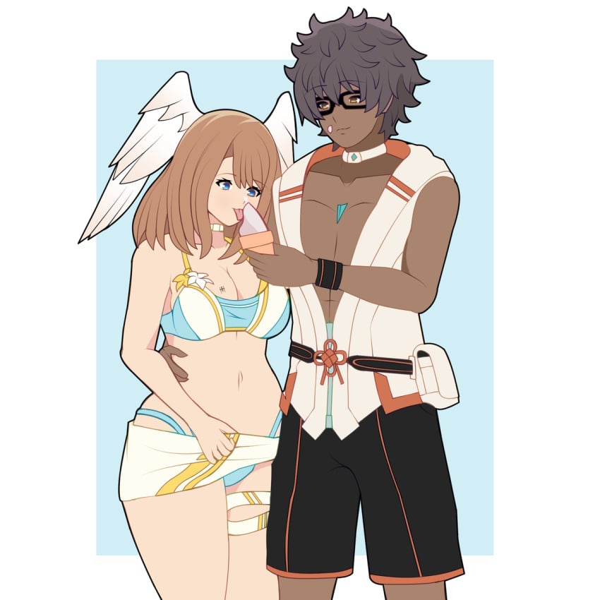 bikini bliss blissful blue_background dark-skinned_male dark_skin djames eunie_(xenoblade) feathers feeding food happy holding ice_cream ice_cream_on_cheek interracial joyful nintendo pale-skinned_female pale_skin romantic sharing taion_(xenoblade) white_background white_skin xenoblade_(series) xenoblade_chronicles_(series) xenoblade_chronicles_3