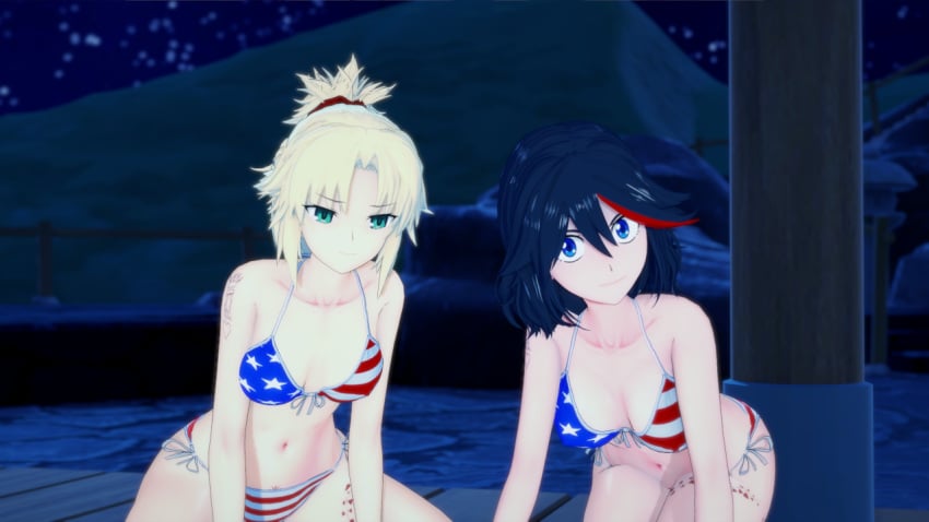 2girls 3d american_flag american_flag_bikini asian bikini black_hair blackoin blonde_hair blue_eyes crossover fate/grand_order fate_(series) female female_only green_eyes human kill_la_kill light-skinned_female light_skin looking_at_viewer matoi_ryuuko mordred_(fate) multiple_girls queen_of_hearts