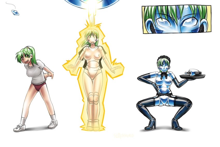 before_and_after black_boots boots femsub garter_belt garter_straps gloves green_hair gym_uniform haigure high_heel_boots hypnotic_beam maid opera_gloves original ponytail raygun robot robotization sequence sleepymaid spread_legs thigh_boots transformation tray