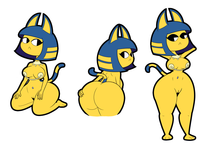 4:3 animal_crossing ankha ankha_(animal_crossing) anthro apopop ass big_breasts big_butt breasts domestic_cat felid feline felis female front_view frown genitals hand_on_butt hands_behind_head hi_res huge_breasts kneeling mammal mostly_nude multiple_poses nintendo pasties pose pussy rear_view simple_background solo video_games