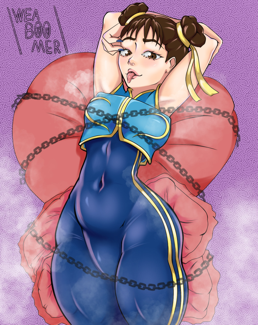 1girls armpits arms_up ass belly belly_button big big_breasts blue_fingernails bodysuit bun_hair chains chun-li female huge_ass huge_breasts muscular muscular_female pillow steam street_fighter street_fighter_alpha sweat thick_thighs thighs tongue tongue_out