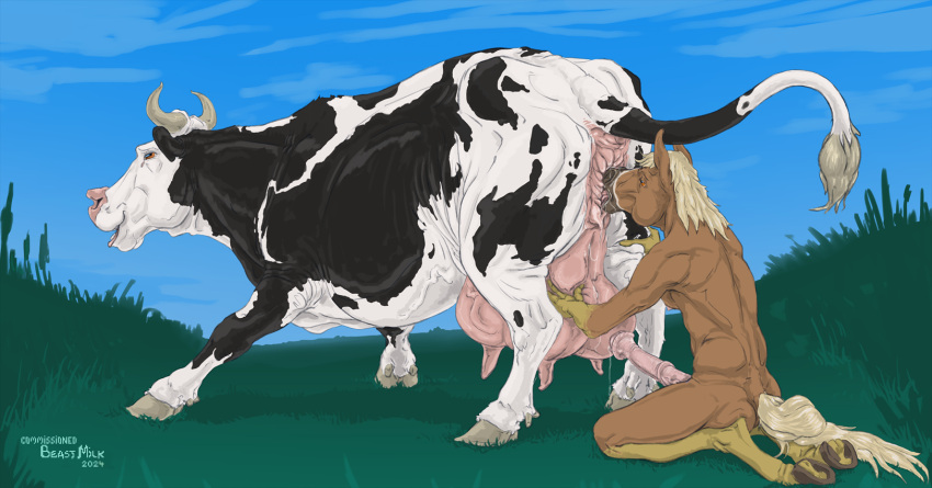 anthro beastmilk bovid bovine cattle cunnilingus equid equine feral genitals hi_res horse mammal oral pussy raised_tail sex tail teats udders vaginal_penetration