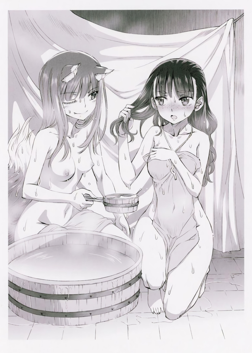 2girls animal_ears bathing blush completely_nude crouching elsa_schtingheim female female_only freckles hair_down holo kemonomimi koume_keito long_hair looking_at_another monochrome nude oerba_yun_fang official_art one_eye_closed small_breasts smile spice_and_wolf tail towel washing wavy_hair wet wet_hair wet_skin wide_hips wolf_ears wolf_girl wolf_tail