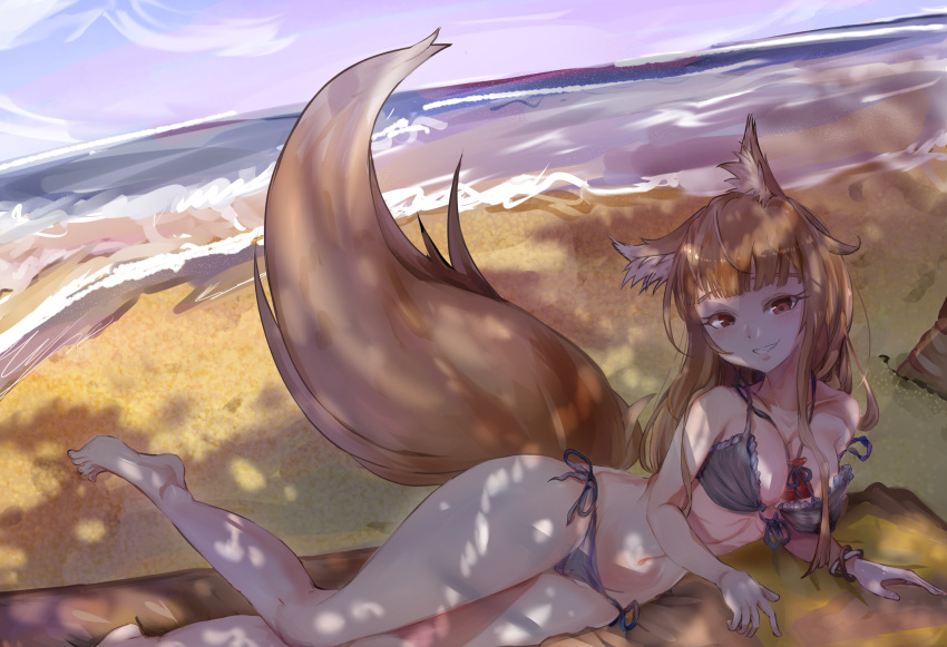 1girls alternate_costume animal_ears barefoot beach big_breasts bikini brown_hair cleavage detailed_background female holo kemonomimi large_breasts long_hair looking_at_viewer on_side outside red_eyes side-tie_bikini smile solo spice_and_wolf swimsuit tail wide_hips wolf_ears wolf_girl wolf_tail