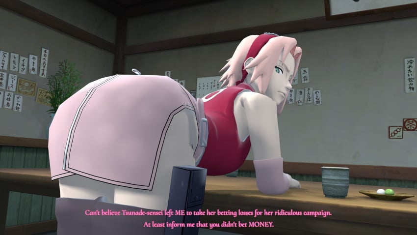 1girls 3d angry ass big_ass chemicalrex english_text half-dressed looking_back naruto naruto_(series) naruto_shippuden pants_down presenting presenting_hindquarters sakura_haruno shorts_down skirt source_filmmaker text upset