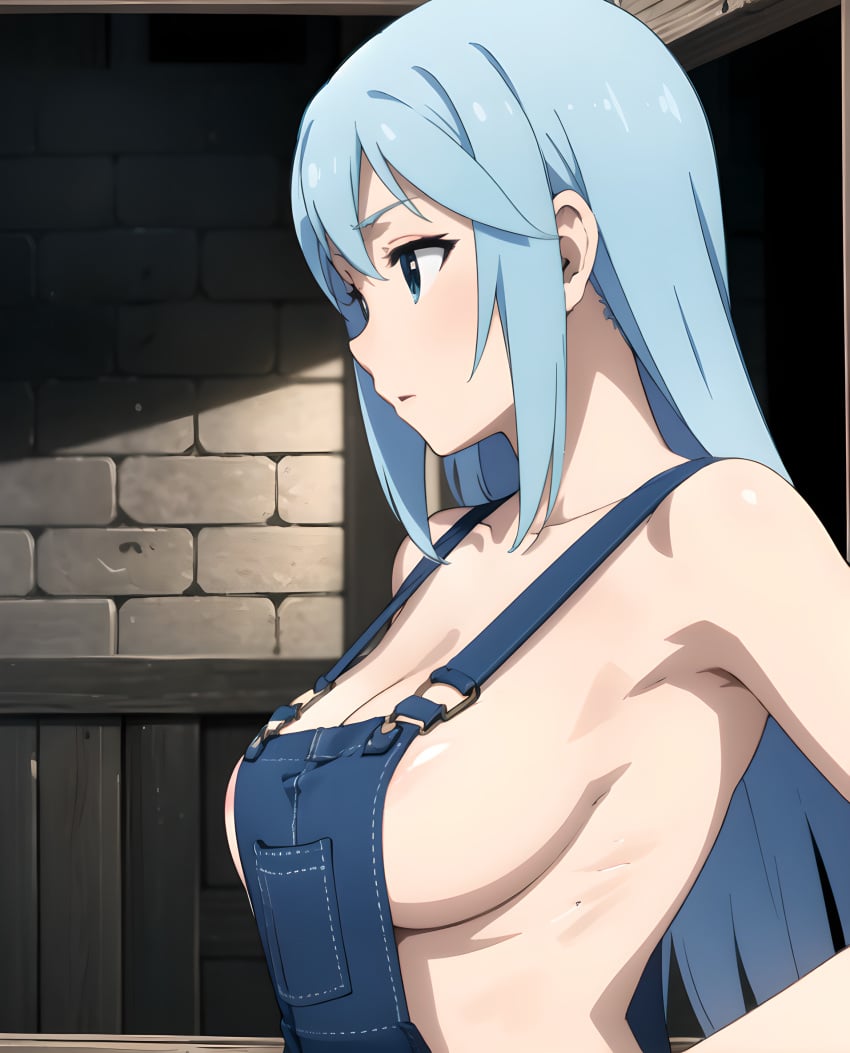 1girls ai_generated aqua_(konosuba) big_breasts blue_eyes blue_hair breasts busty denim female female_only from_side hand_on_hip hi_res kono_subarashii_sekai_ni_shukufuku_wo! large_breasts long_hair naked_overalls no_bra overalls parted_lips pose posing sensual sideboob solo subaruarm voluptuous